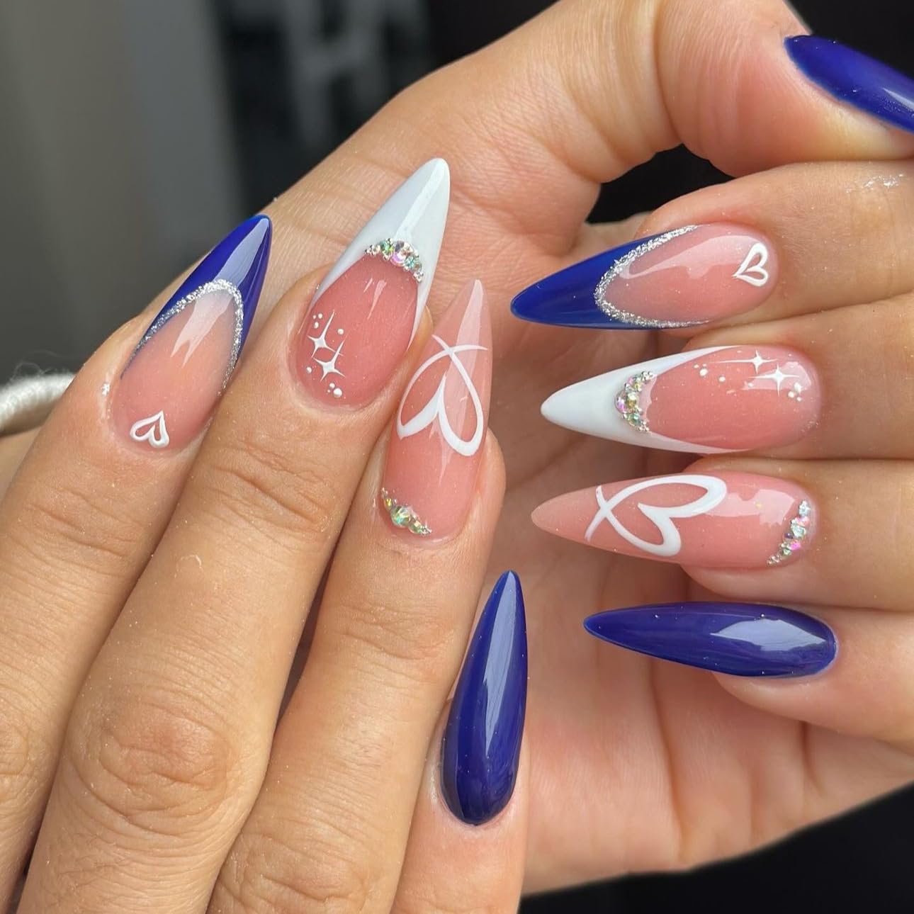 LPOODDNU Almond Press on Nails - Dark Green Medium Fake Nails with Leaf Designs, Glossy Finished Reusable False Nails with Double Adhesive Glue Tabs - 24Pcs Nail Kit for Women Manicure: blue french tip heart