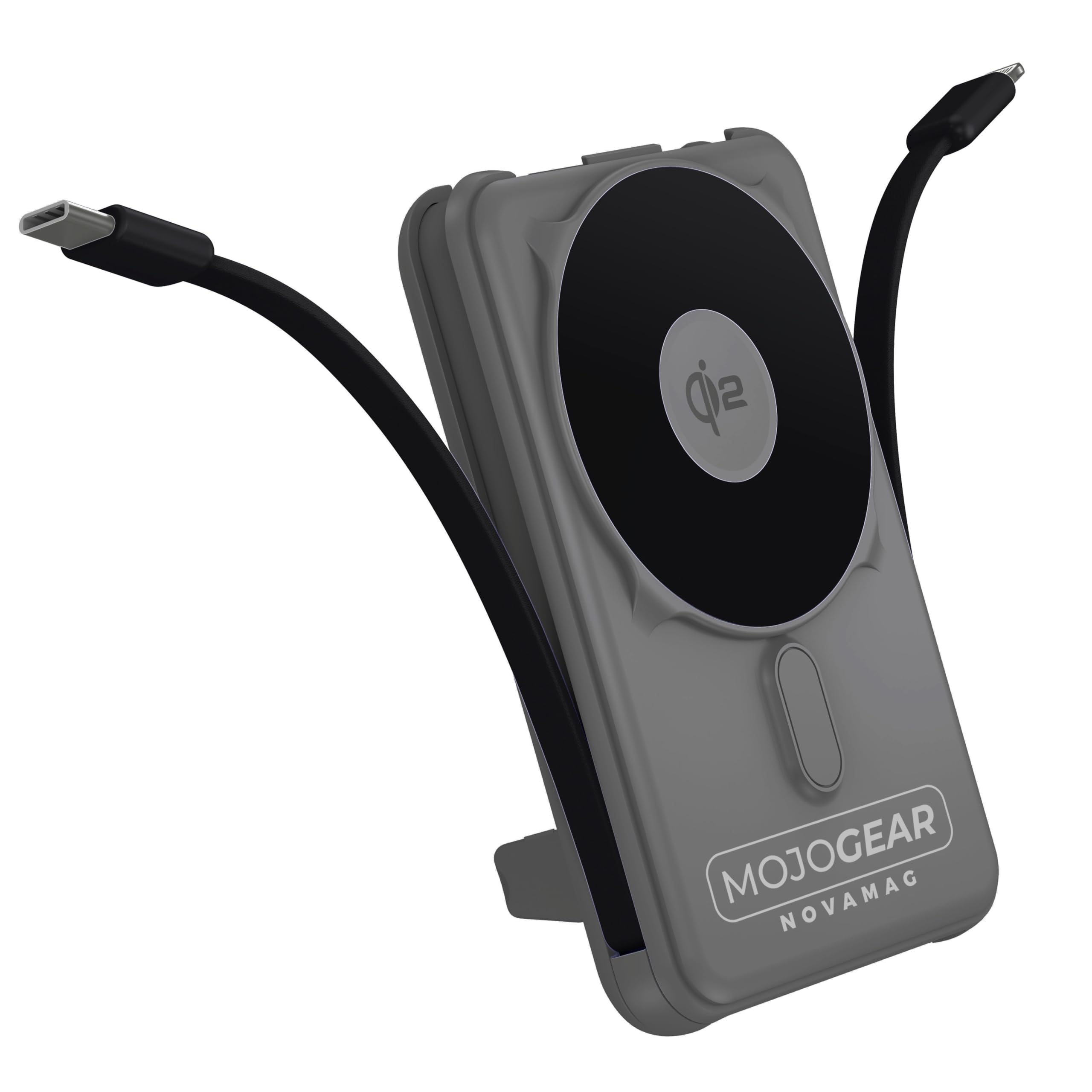 MOJOGEAR NovaMag All-in-1 Power Bank 10000mAh - Wireless Qi2 Super Fast Charge - Cavo USB-C e Lightning integrato - Compatibile con iPhone e Samsung - Mag Safe Powerbank - Display LED - Grigio
