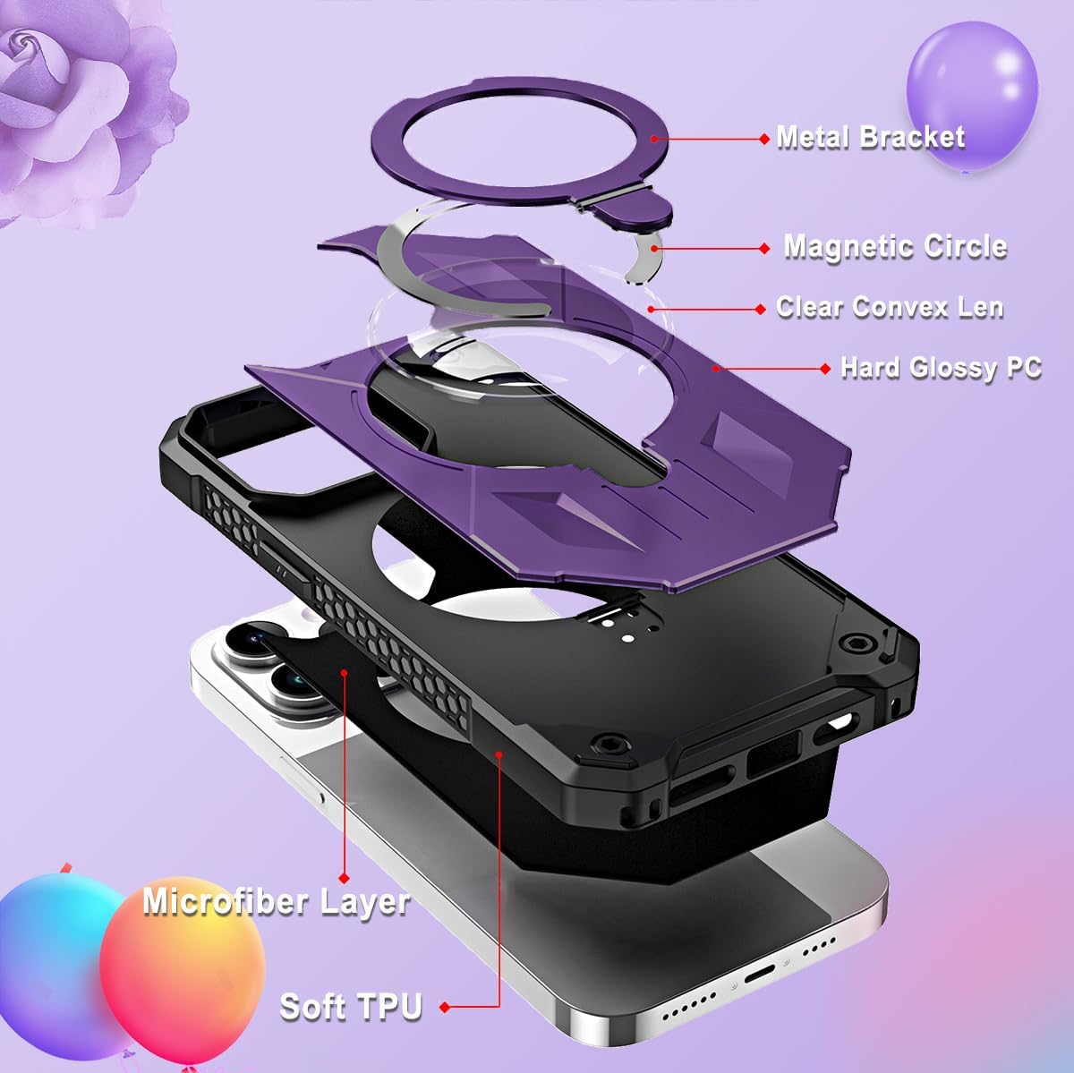 Compatible with iPhone 14 Pro Max MagSafe Case Invisible Foldable Magnetic Ring Stand, Glossy Dual Layer Protective Bumper iPhone 14 Pro Max Case Cover, with 1 Screen Protector(Purple)
