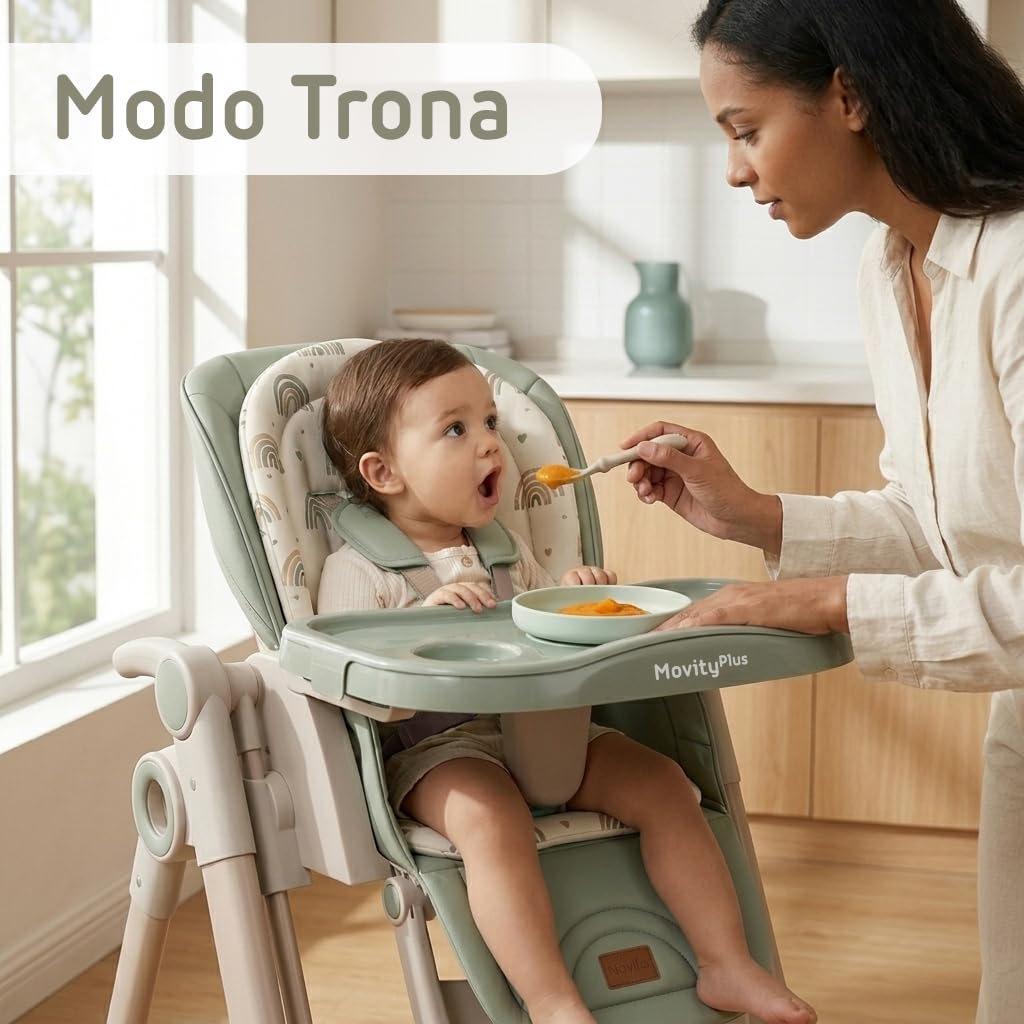 Twinly Movity Plus Trona Evolutiva Bebé 2 en 1 con Hamaca Balancín, Verde | Plegable, Ruedas con Bloqueo, Altura Ajustable, Arnés de 5 Puntos, Hasta 15 kg