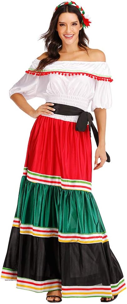 Women's Mexican Dress Halloween Costume Adult Traditional Senorita Blouse Dance Skirt