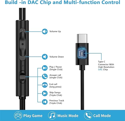 Miniatura 3 de Paquete de 2 auriculares con cable USB C para Samsung Galaxy S25 Ultra S25+ A16 5G A35 S24 FE S23 S22 S21 A55 A54 Z Fold6 Flip6, Andriod auriculares