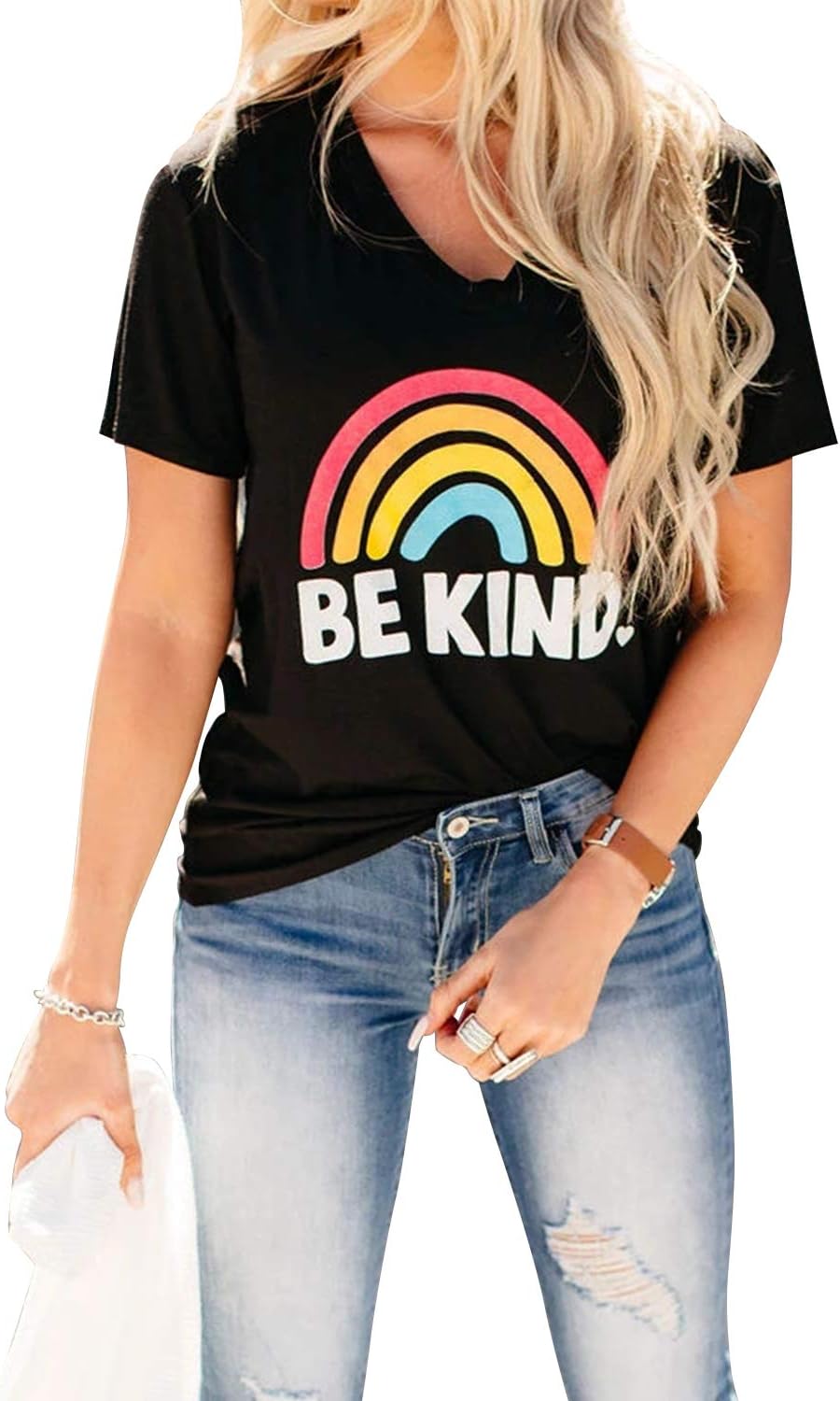 Womens T Shirts Round Neck Short Sleeve Summer Tops Cute Rainbow Graphic T Shirt