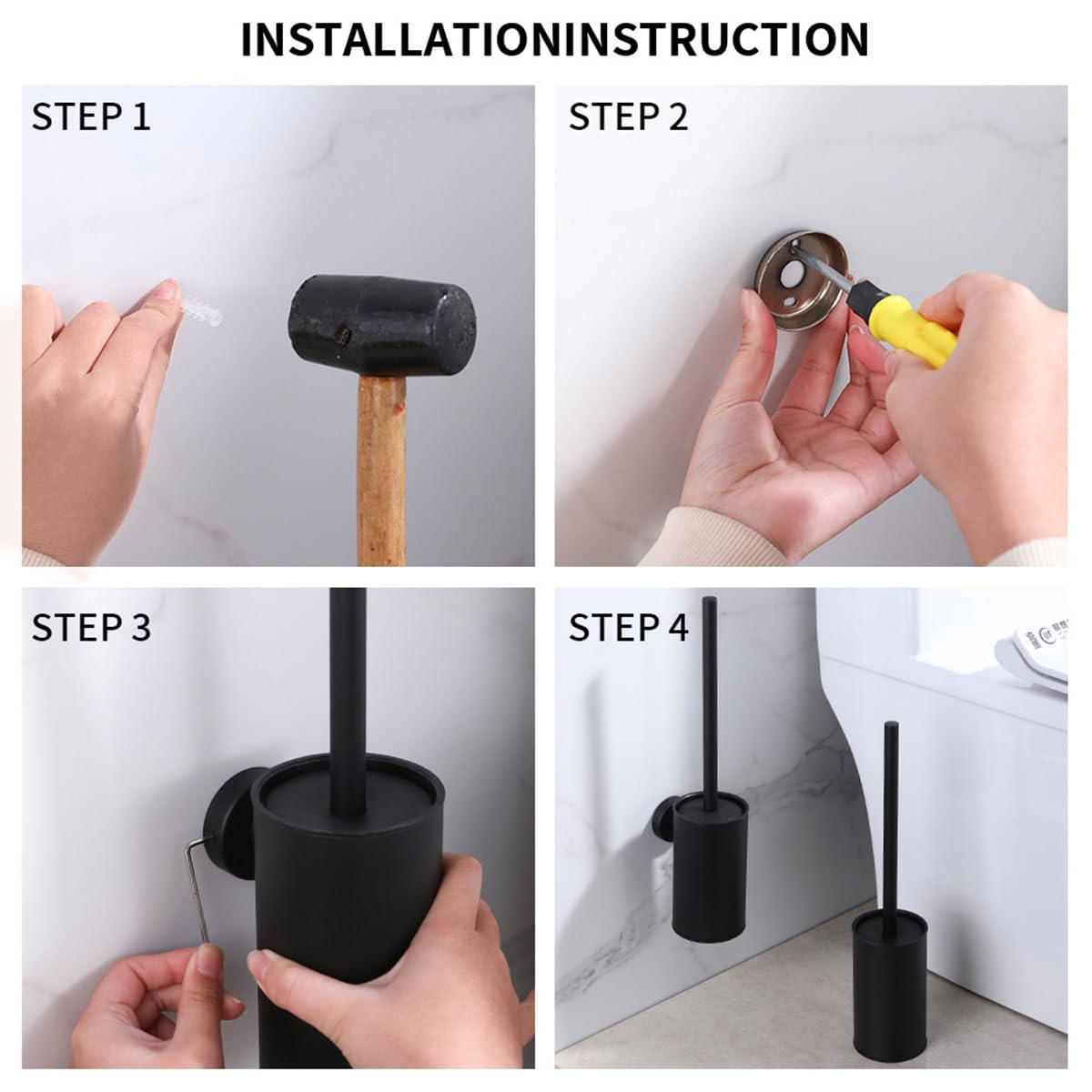 Soporte para escobilla de inodoro de acero inoxidable 304, limpiador de pared con 2 cabezales de cepillo intercambiables, diseño higiénico, acabado redondo negro, incluye kit de montaje