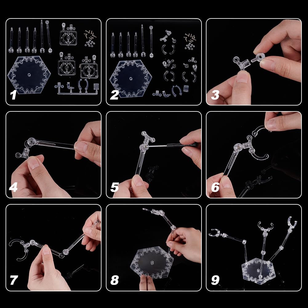 Support Figurine D'action Hexagonale - Lot De 3 Bases Noires Assemblables - Pour Figuines HG, RG, SHF 1/144 - Hauteur 17cm, Plastique Durable