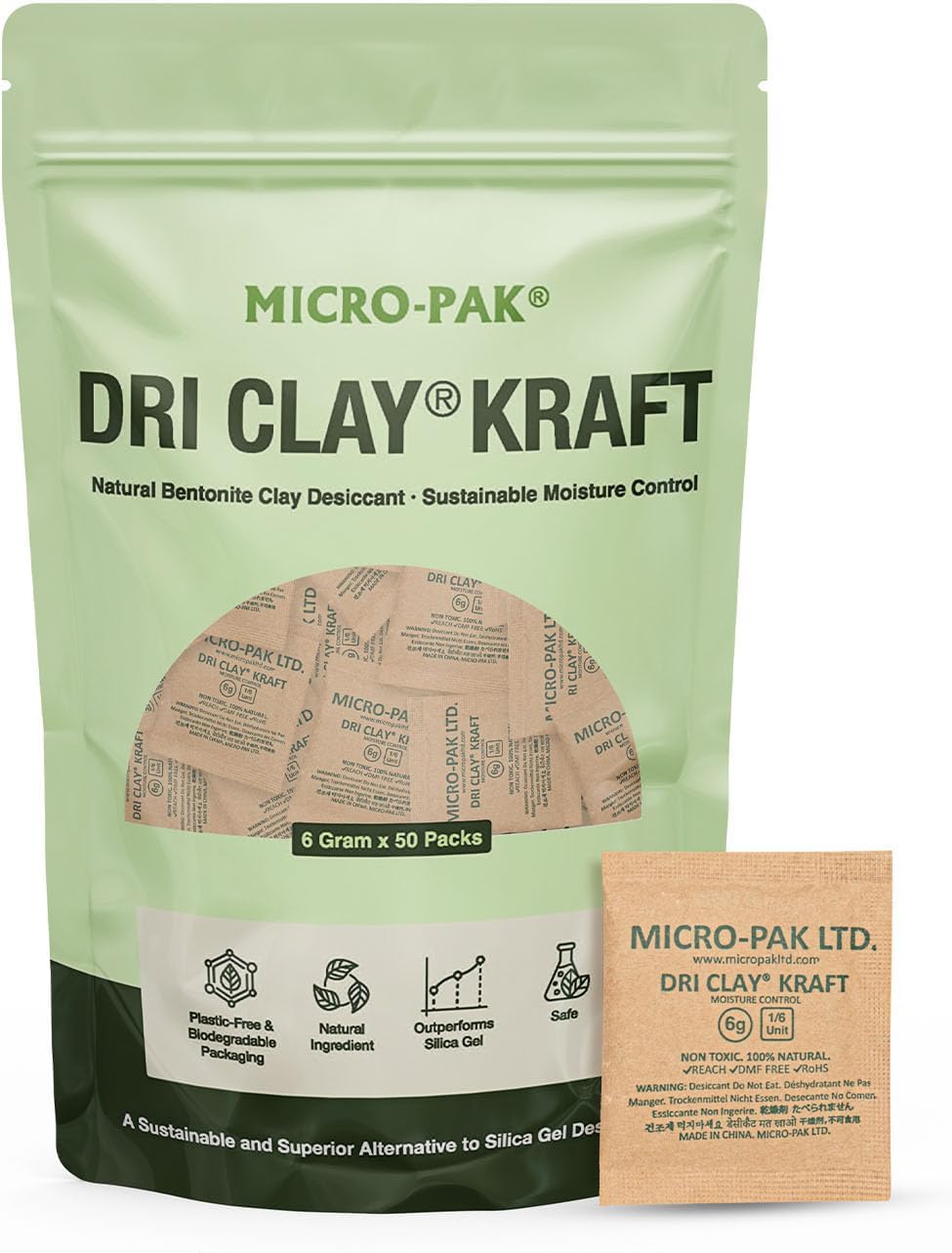Micro-Pak Dri Clay Kraft, Highest Moisture Absorption Desiccant Packs, Silica Gel Packets Alternative, Food Safe Bentonite Clay, Desiccant Packs for Storage, Moisture Absorbers for Closet, 6gx50pcs