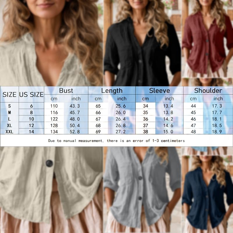 Women’s Casual Button Front Shirts Cotton Linen 3/4 Sleeve V Neck Solid Daily Work Tunic Tops with Pockets - Image 4