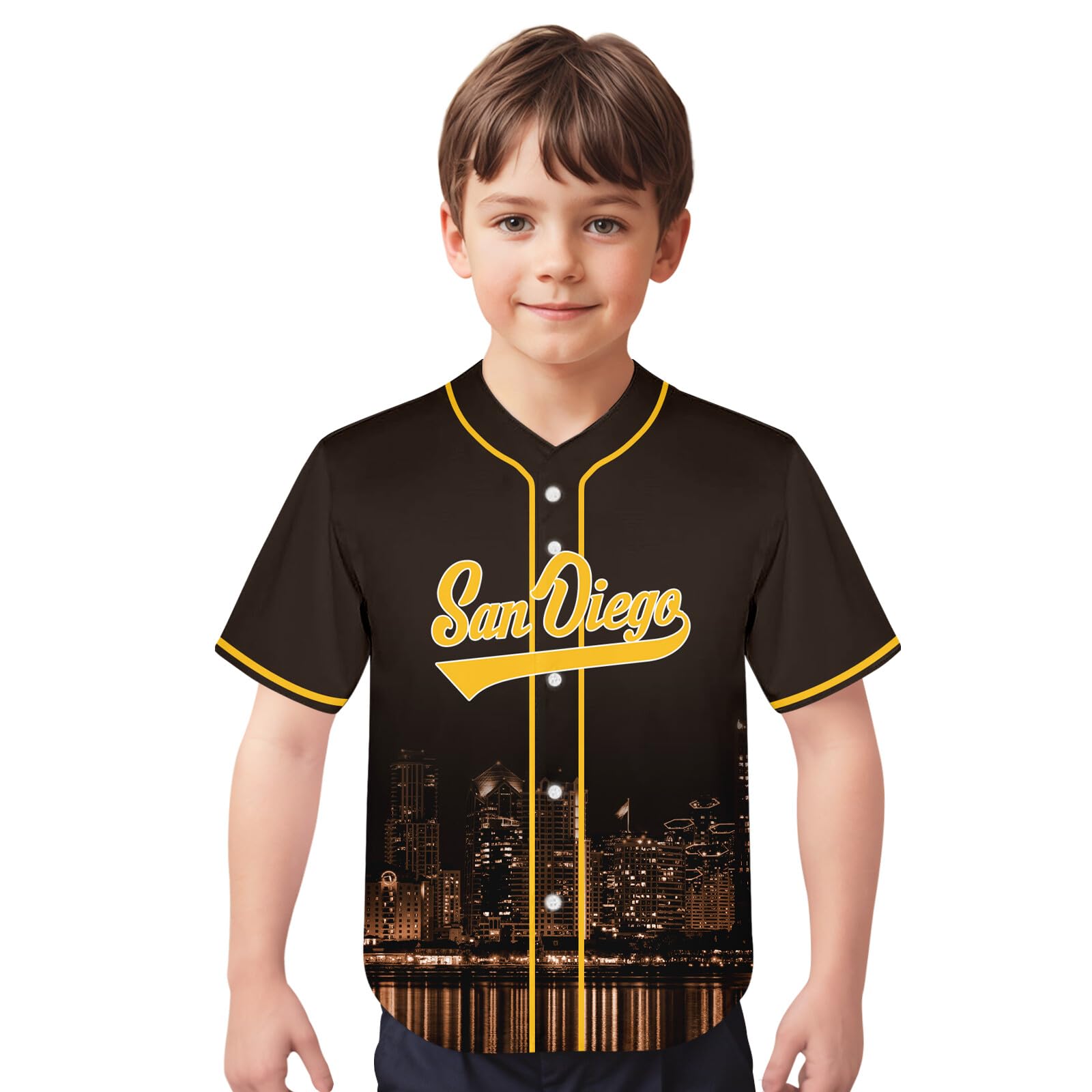 Baseball City Night Skyline Jersey Shirt Printing Apparel for Kid Fans Uniform Gifts M Brown Yellow