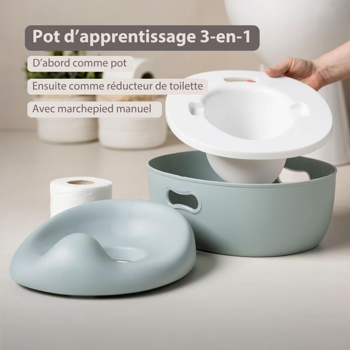 Nattou Care Pot 3en1 pour bébé - Pot + Tabouret + Siège de toilette pour enfants - Apprentissage facile de la propreté - 34 cm - De 18 mois à 4 ans - ABS/EVA - Rose ancien
