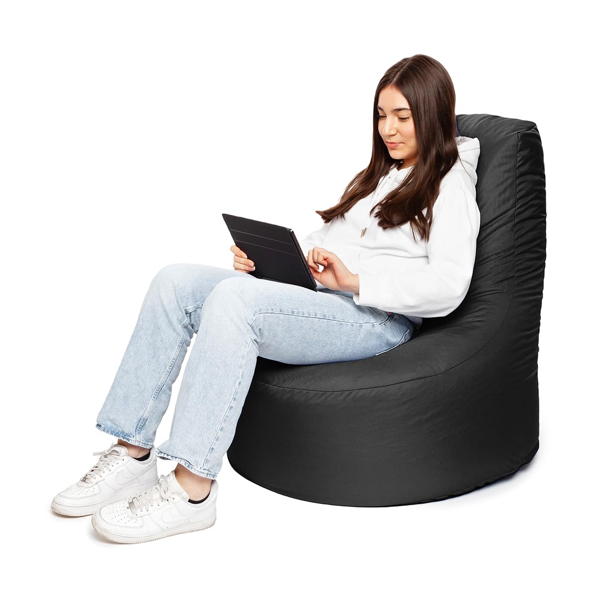 PATCH HOME Poltrona da gamer con cubo Bean Bag Set Ø 75 cm, altezza seduta 30 cm, altezza 80 cm + cubo 35 x 35 cm, colore nero