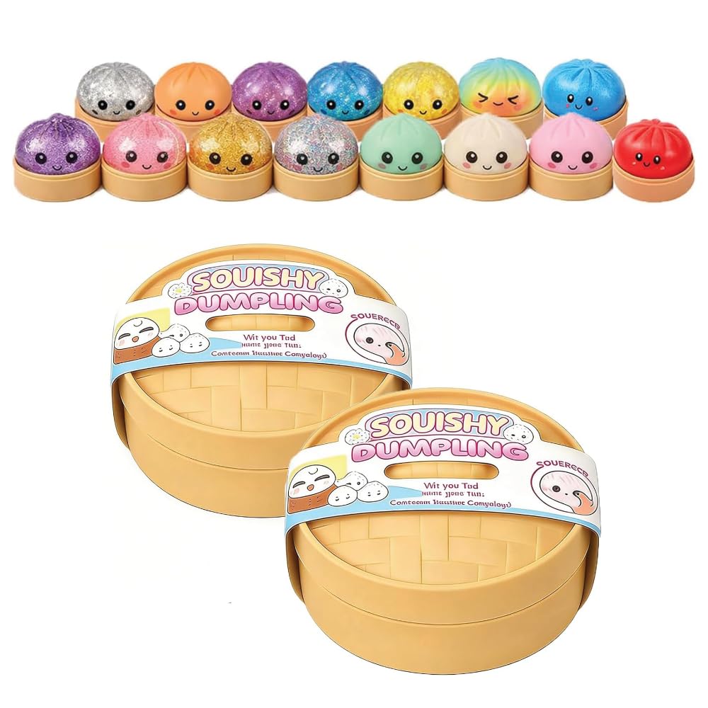 Dumpling Squishy Mystery mit Dampfgarer-Box, 2er, 9,5cm Durchmesser, Anti Stress Spielzeug zum Quetschen, weiches Squeeze Toy, zufällige Variante, Geschenkidee für Kinder und Erwachsene (2)