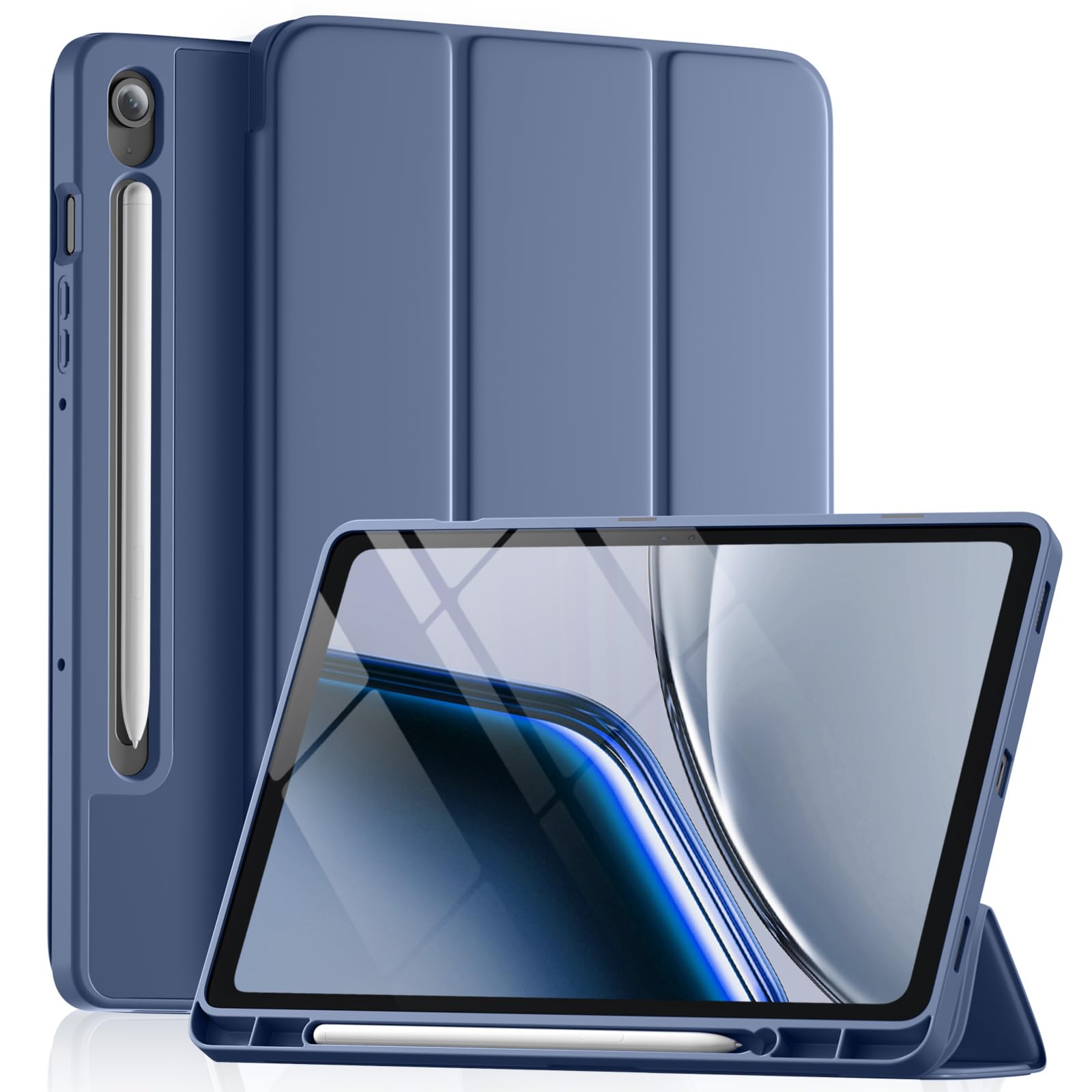 Vobafe Hülle für Samsung Galaxy Tab S10 Lite/Tab S10 FE/S9 FE 10.9 Zoll/S9 11 Zoll mit S Pen Halter, Dünne weiche TPU-Schutzhülle mit Standfunktion, Auto Schlafen/Wachen, Blaugrau