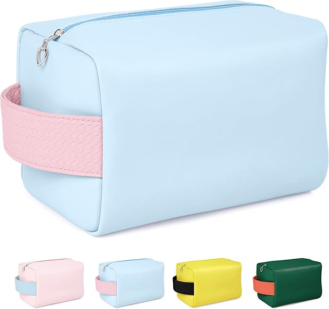 MAGEFY Make up Bags for Women Small Cosmetic Bag with Zipper Leather Makeup Bag for Handbag Waterproof Small Travel Makeup Pouch, Blue