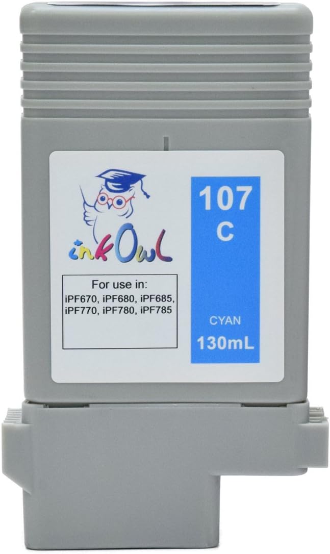 InkOwl Compatible Ink Cartridge Replacement for Canon PFI-107C (130ml, Cyan) - iPF670, iPF680, iPF685, iPF770, iPF780, iPF785 Printers