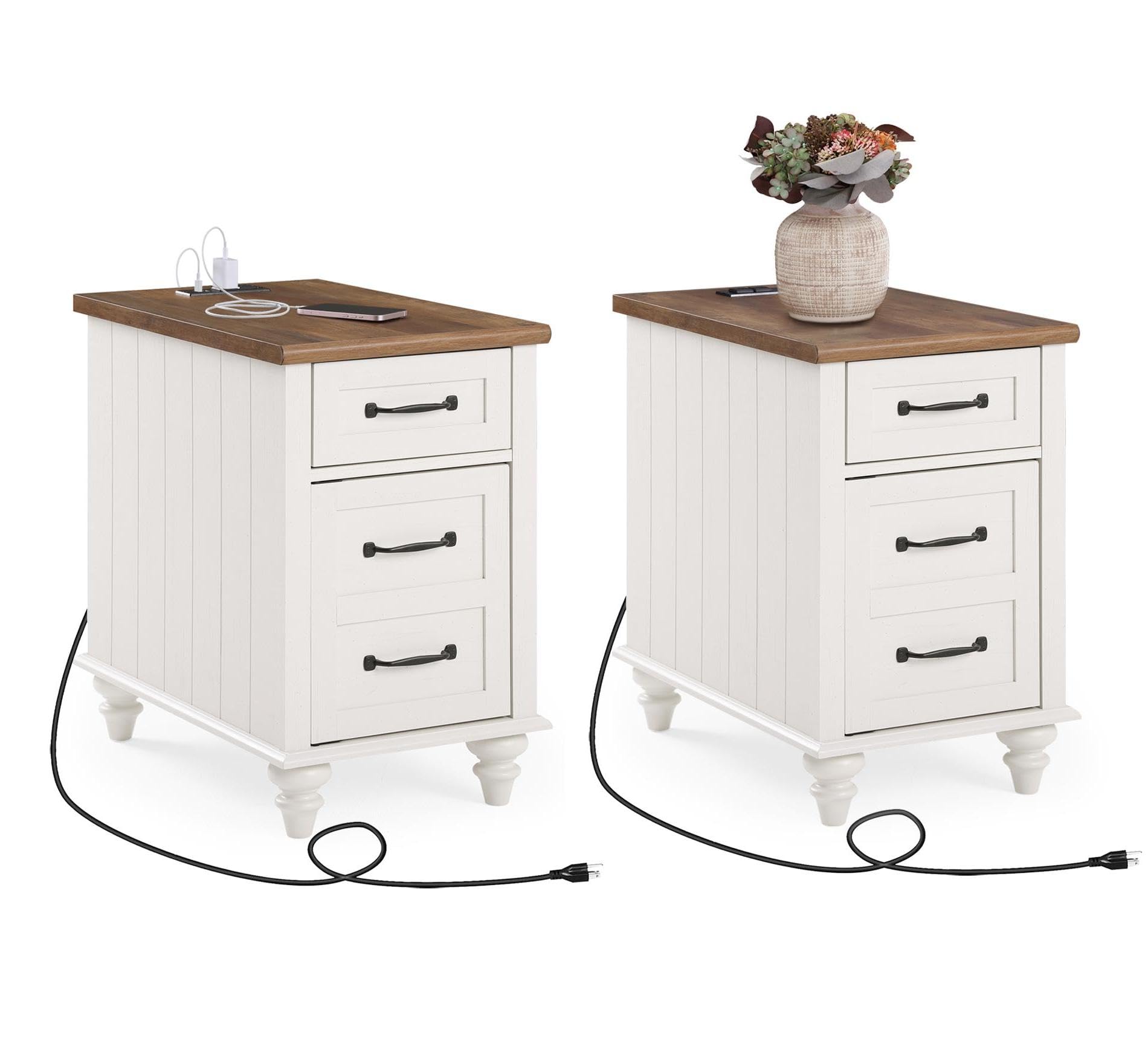 WAMPAT Set of 2 Side Tables with Charging Station, Mid Century Modern End Table with Solid Wood Legs, Wooden Bedside Table with Drawer & Cabinet for