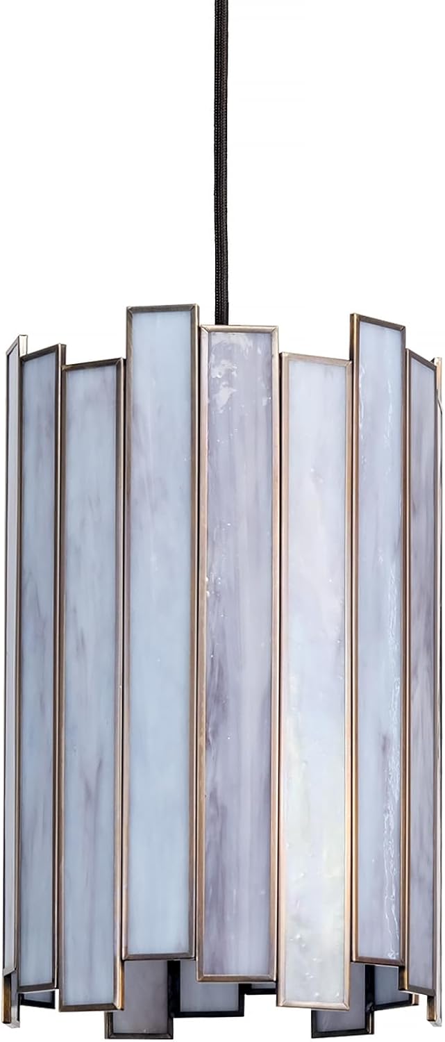 tiffany pendant lighting, 7" brass cylindrical hanging lamp with stained glass for foyer, entryway, bedroom, dining room, stairwell (grey) gray