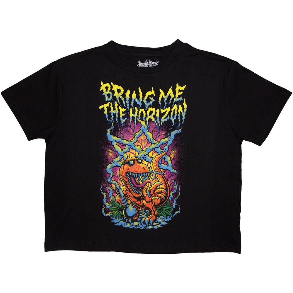 Rock Off Officially Licensed Products Women's Black Bring Me The Horizon Smoking Dinosaur Crop Top S