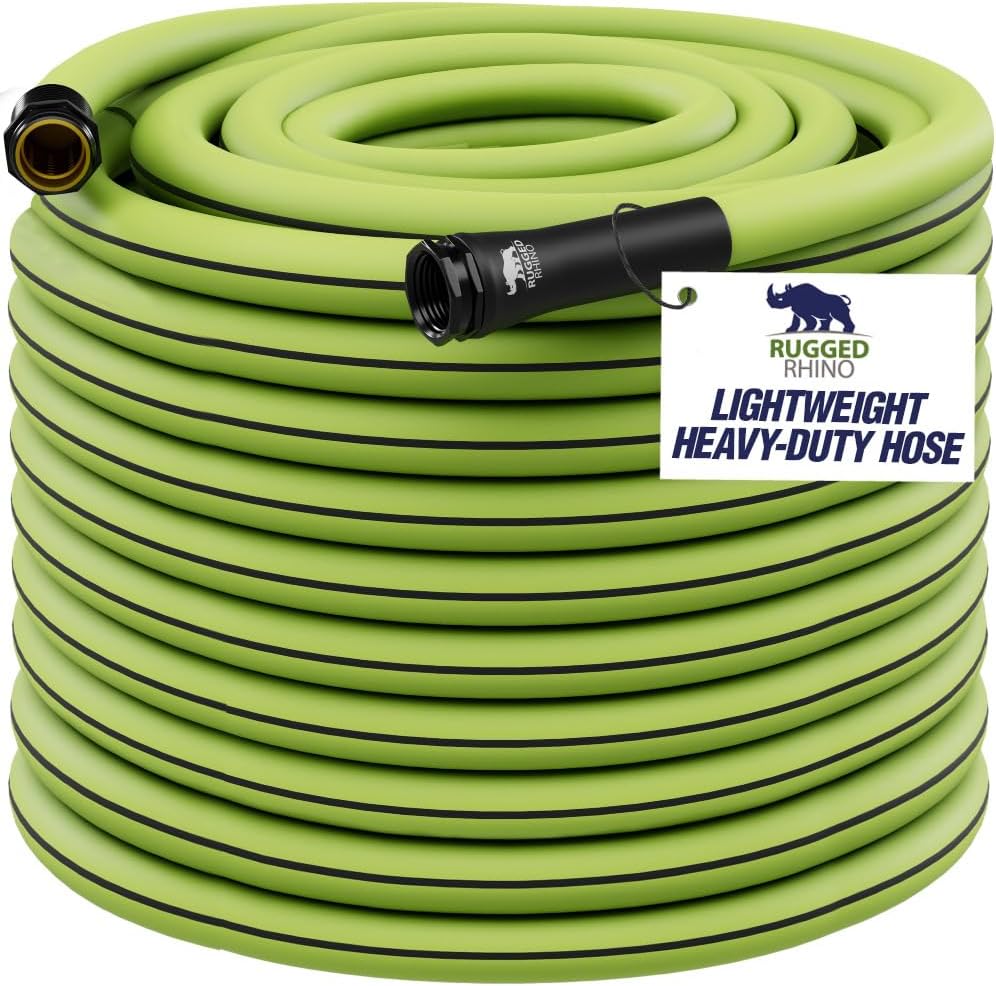 Rugged Rhino Heavy Duty Flexible Light Weight Garden Hose, 50ft x 5/8in, 4 Layer Leakproof Outdoor Gardening Tools, Watering Supplies, Powerful Water Pressure for Lawn, Flowers, Green Black