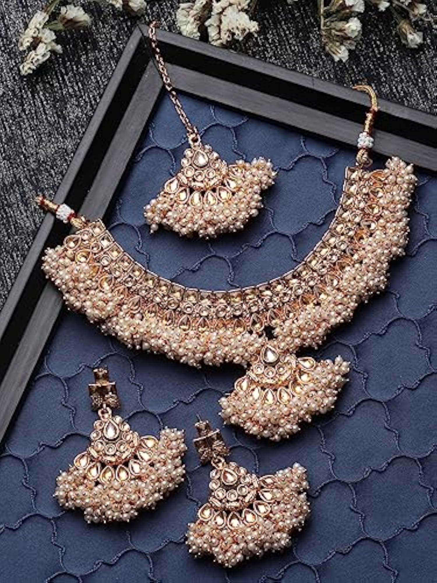 Ethnic Plated Kundan & Beads Copper Collar Bone Necklace Set