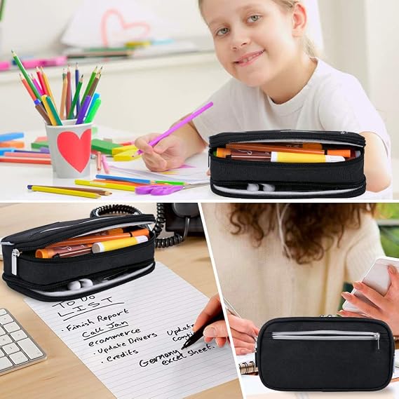 Large Pencil Case Big Capacity Pencil Cases Pencil Bag Pen Pouch, 3 Multi Compartments Stationery Office School Supplies High Storage Organiser for Boys Girls Teenage Adult Makeup Bag, Black