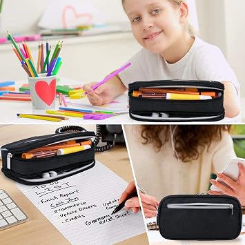 Large Pencil Case Big Capacity Pencil Cases Pencil Bag Pen Pouch, 3 Multi Compartments Stationery Office School Supplies High Storage Organiser for Boys Girls Teenage Adult Makeup Bag, Black