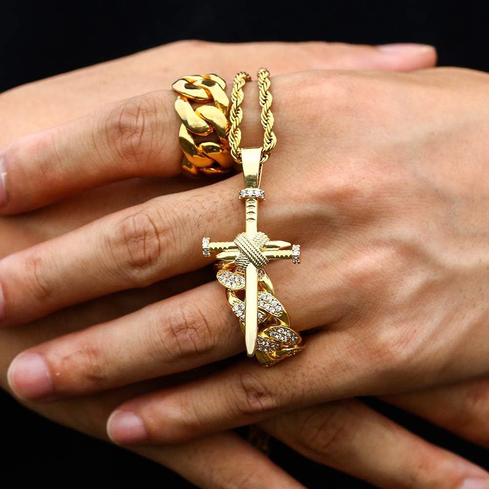 TUHE Hip Hop Nail Cross Faith Pendant Necklace for Men Women, 18K Gold Plated AAA CZ Iced Out Simulate Diamond Accents Bling Bling Charm Necklace with Stainless Steel Rope Chain in Platinum Plated