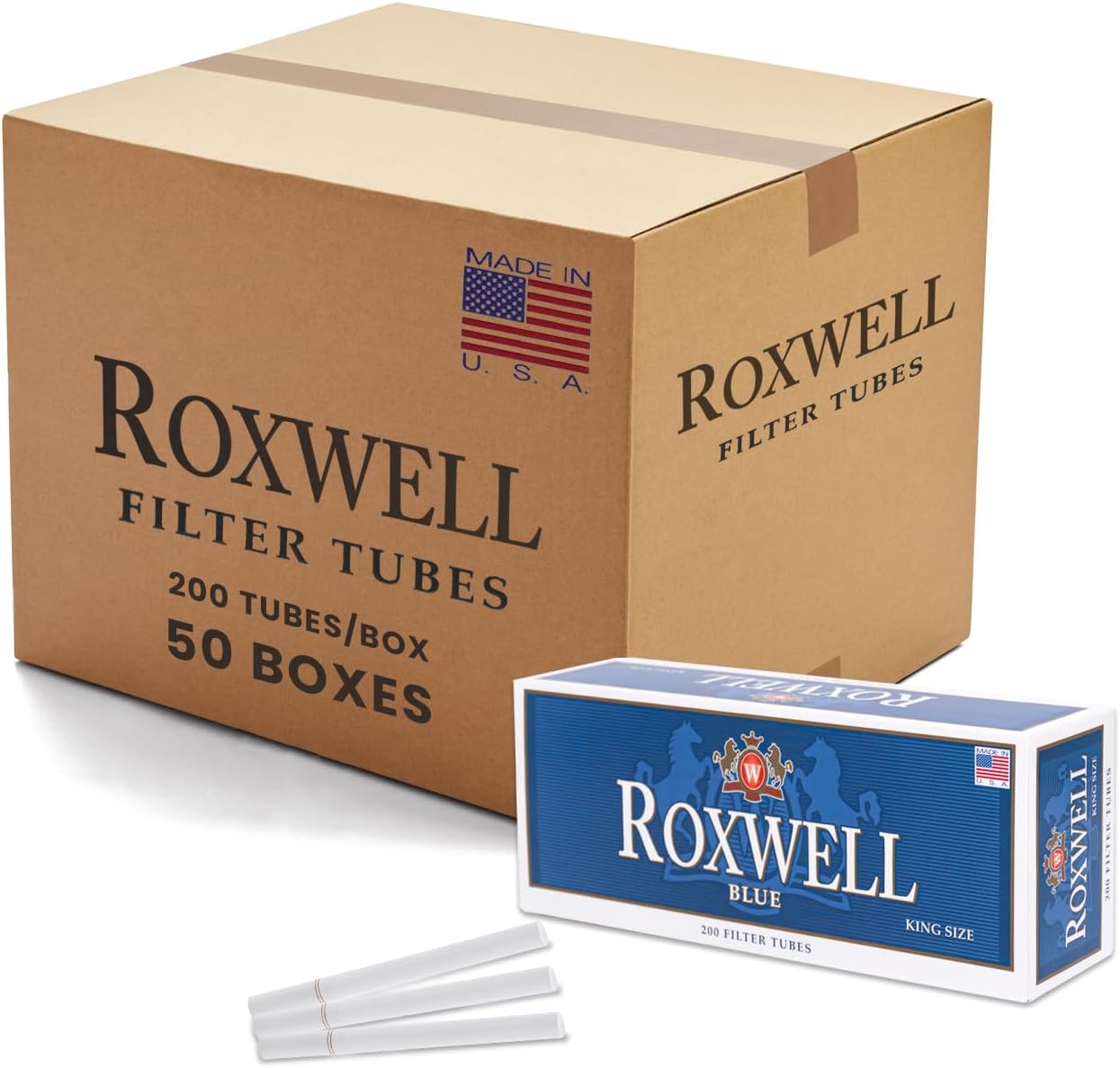 Roxwell Cigarette Tubes King Size – 10000 Count - 50 Boxes of 200 Tubes – Smooth Draw White Filters – Pre-Rolled Tubes – Clean Burn, No Tearing – USA Made Fits Most Injector Machines