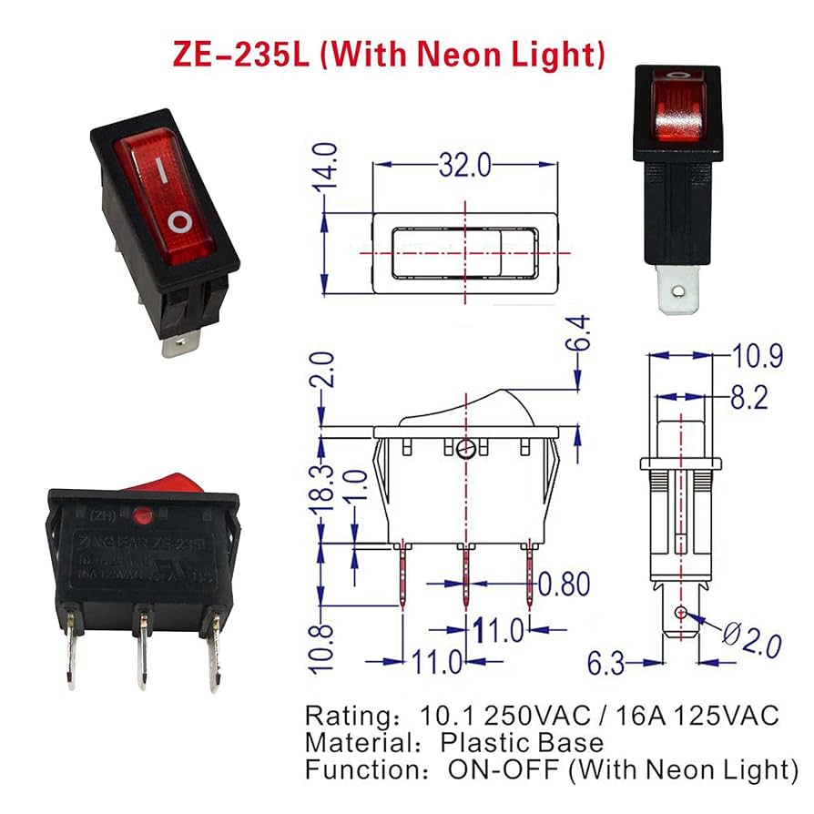 Miayaya Zing Ear ZE-235L Rocker Switch Red Illuminated 16A