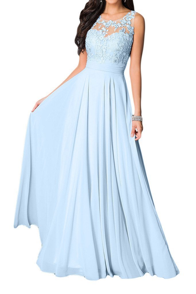 Women's Chiffon Appliques Long Evening Prom Gowns Party Wedding Long Dress Sky Blue