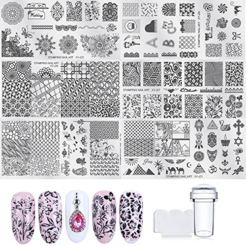 Nail Stamper Kit 6 Pcs Nail Stamping Plates+ 1 Stamper + 1 Scraper Lace Retro Flowers Plants Geometric Figures Totems Art Design Nail Plate Template Image Plate Nail Decoration Supplies #TOP5