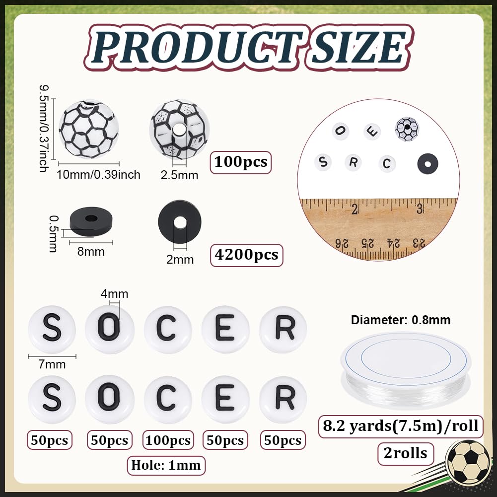 PH PandaHall 4400 Stück Fußballperlen Zur Armband Schwarze Polymer Tonperlen Acryl Fußballperle Buchstabenperle Mit Elastischem Faden Für DIY Gastgeschenke Fußballpartys Geschenk Sportmannschaften