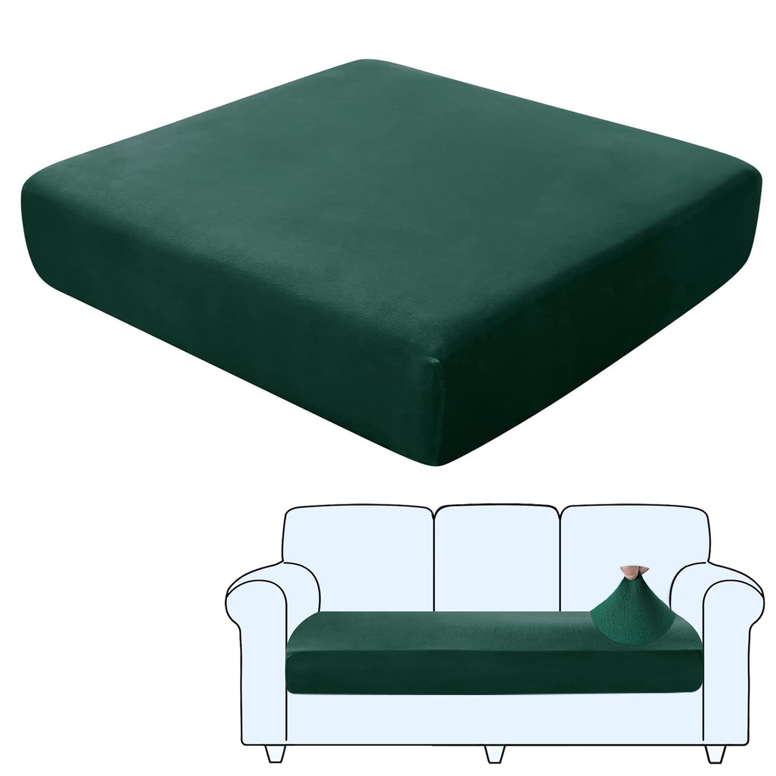 SHUOJIA Sofa Seat Cushion Covers, Stretch Velvet Sofa Cover, Non-Slip Couch Cushion Covers Replacement for Individual Cushion,with Elastic Fabric,Machine Washable (Dark Green,Large-3-Seater)