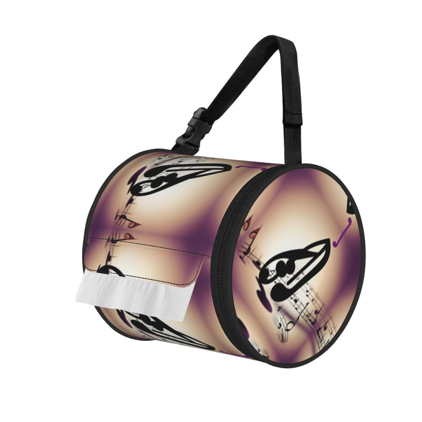Jiuty Black Music Note Patterns Print Cylinder Tissue Organizer Bag With Strap, Portable Toilet Roll Holder For Camping Car