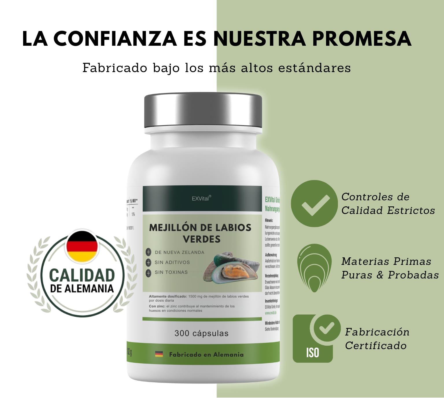 Cápsulas de mejillón de Labio Verde neozelandés con Zinc: Alta dosis de 1500 MG, sin magnesio ni aditivos, 100% Naturales, Calidad Alemana, 300 cápsulas