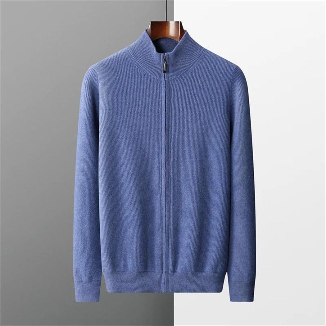 Men's 100% Wool Cardigan Stand Collar Thick Casual Knit Sweater for Autumn Winter