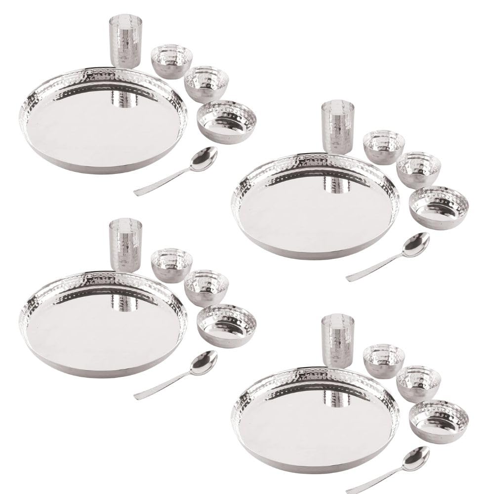 Silverglow Hammered Stainless Steel Dinner Set for 4 People, Silver Plated dinnerware Set of 24 pcs, Diwali Wedding Return Gift, Pure-Silver Plate Set Original — Amazon image 7