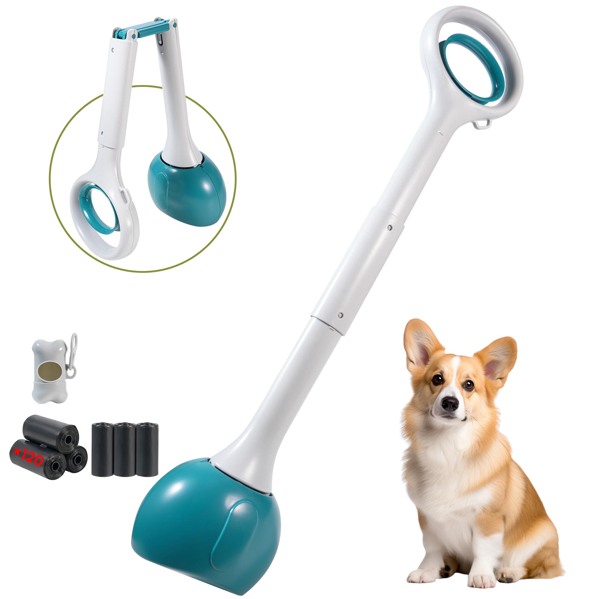 Dog Pooper Scooper Portable with Bag Attachment, One Handed Foldable Design, Includes 120 Waste Bags and Dispenser, 28 Inch Handle for Grass Yard Gravel Cleanup (Green)