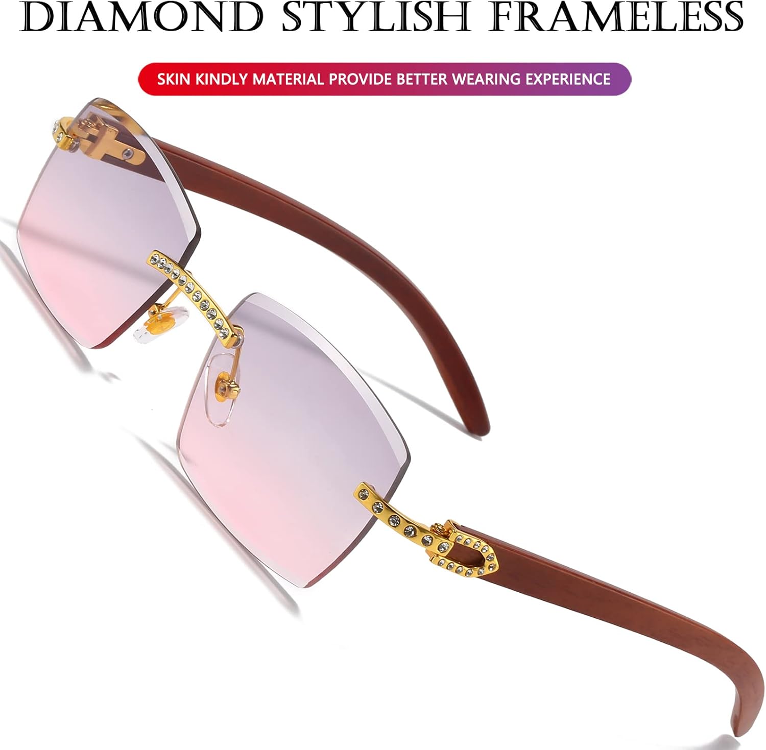 Miniatura 4 de AIEYEZO Gafas de sol rectangulares sin montura vintage a la moda con diamantes de cristal, gafas de sol cuadradas retro sin marco