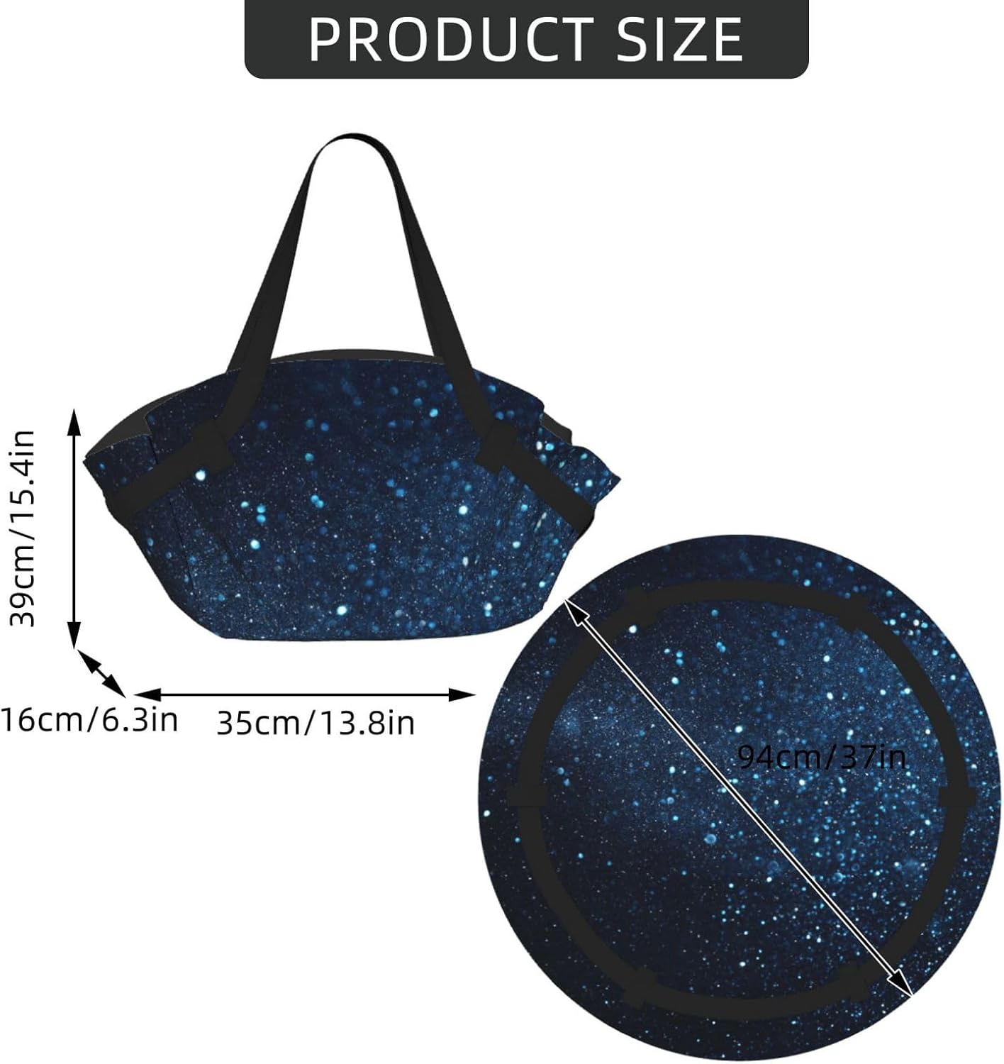 Blue Glitter Retro Pattern Foldable Camping Tote Bag Picnic Blanket Bag Portable Beach Mat Tote Waterproof Outdoor Picnic Mat Carry Bag