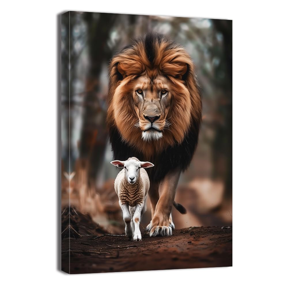 ZQQART Christian Canvas Wall Art Lion and Lamb Painting Wall Decor Jesus Religious Picture Prints Church Living Room Decor Frame(Black,12.00" x 18.00")