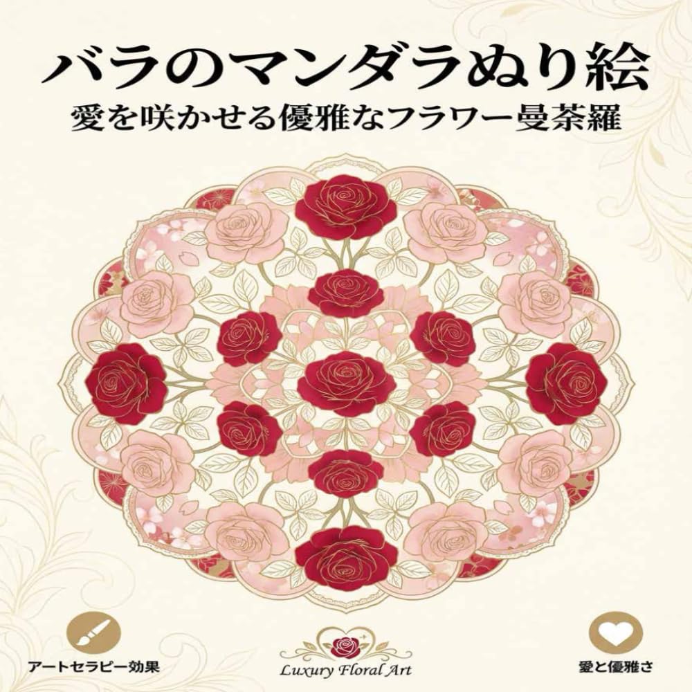 バラのマンダラぬり絵: 50ページの優雅なローズと幾何学デザイン 大人のための癒しとアートセラピー 繊細な薔薇模様が心を満たすリラックスと集中力向上の塗り絵集