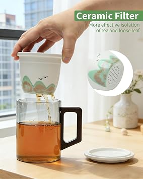 Tea Mug with Infuser and Lid for Loose Leaf Tea, Premium Glass Cup with Ergonomic Wooden Handle, Embossed Oriental Mountain Ceramic Strainer, Unique Gift for Tea Lovers Men Women White