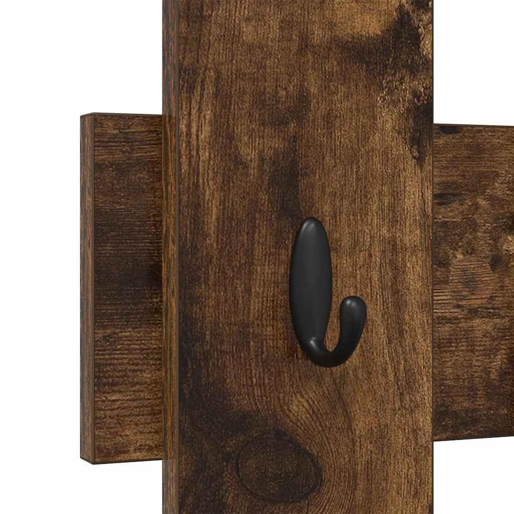 Wandgarderobe aus Holzwerkstoff 60 x 3 x 82 cm Rauch-Eiche mit Haken und Regalen für Flur Eingangsbereich und Wohnzimmer