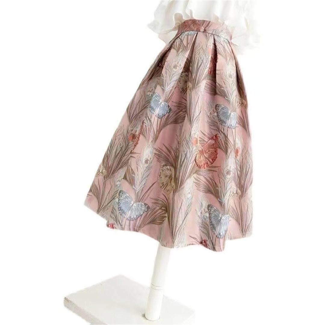 Damen bestickte Blumenröcke mit Reißverschluss, hohe Taille, Jacquard-Taschen, Ballkleid-Rock, Frühling