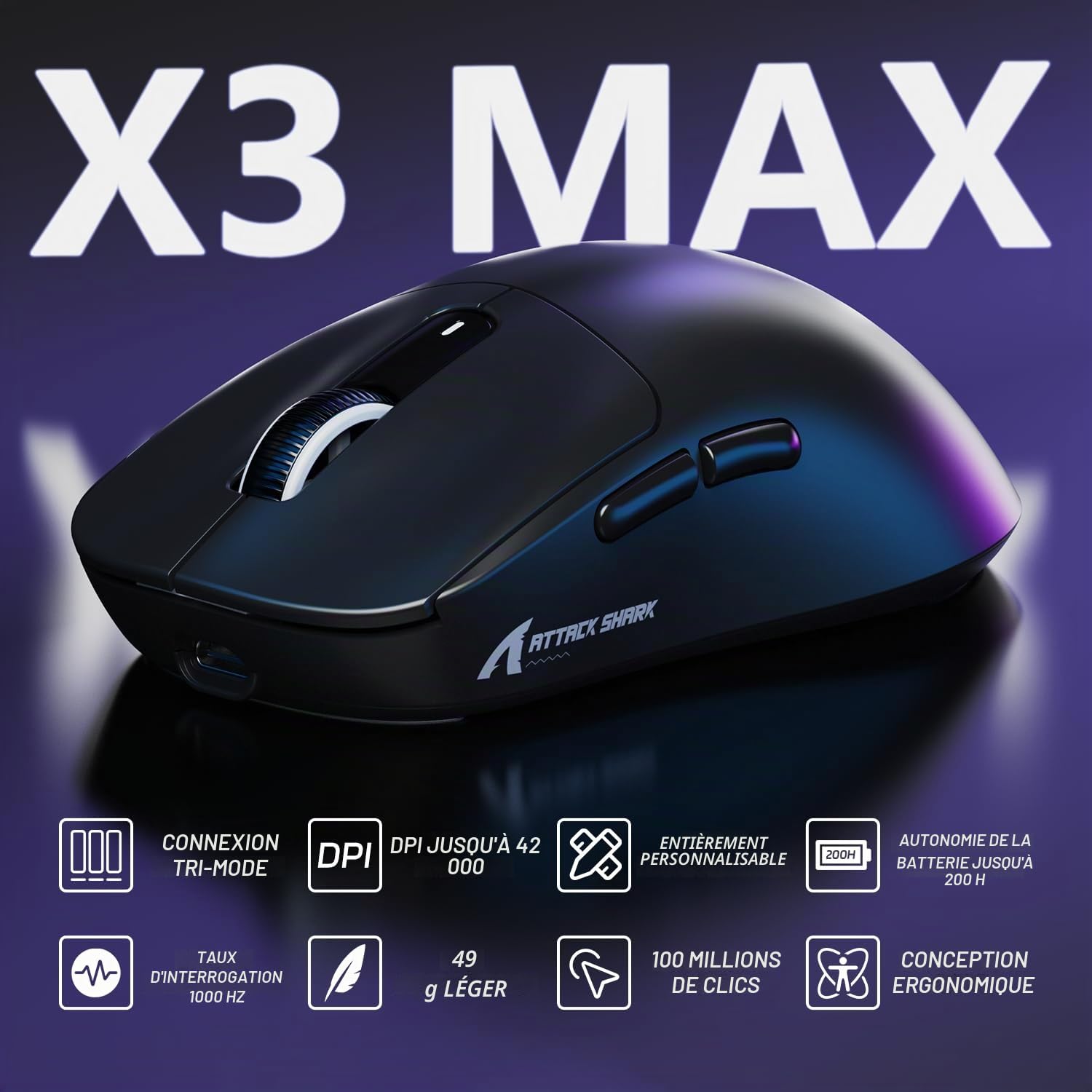 ATTACK SHARK X3MAX 49g SUPERLIGHT Souris, Capteur PixArt PAW3950, Jusqu'à 420000 DPI, Souris de Jeu Sans Fil/Filaire BT/2.4G avec Câble Spiralé, Optical Microswitches 100M Clicks, pour PC/Xbox/PS5/Mac