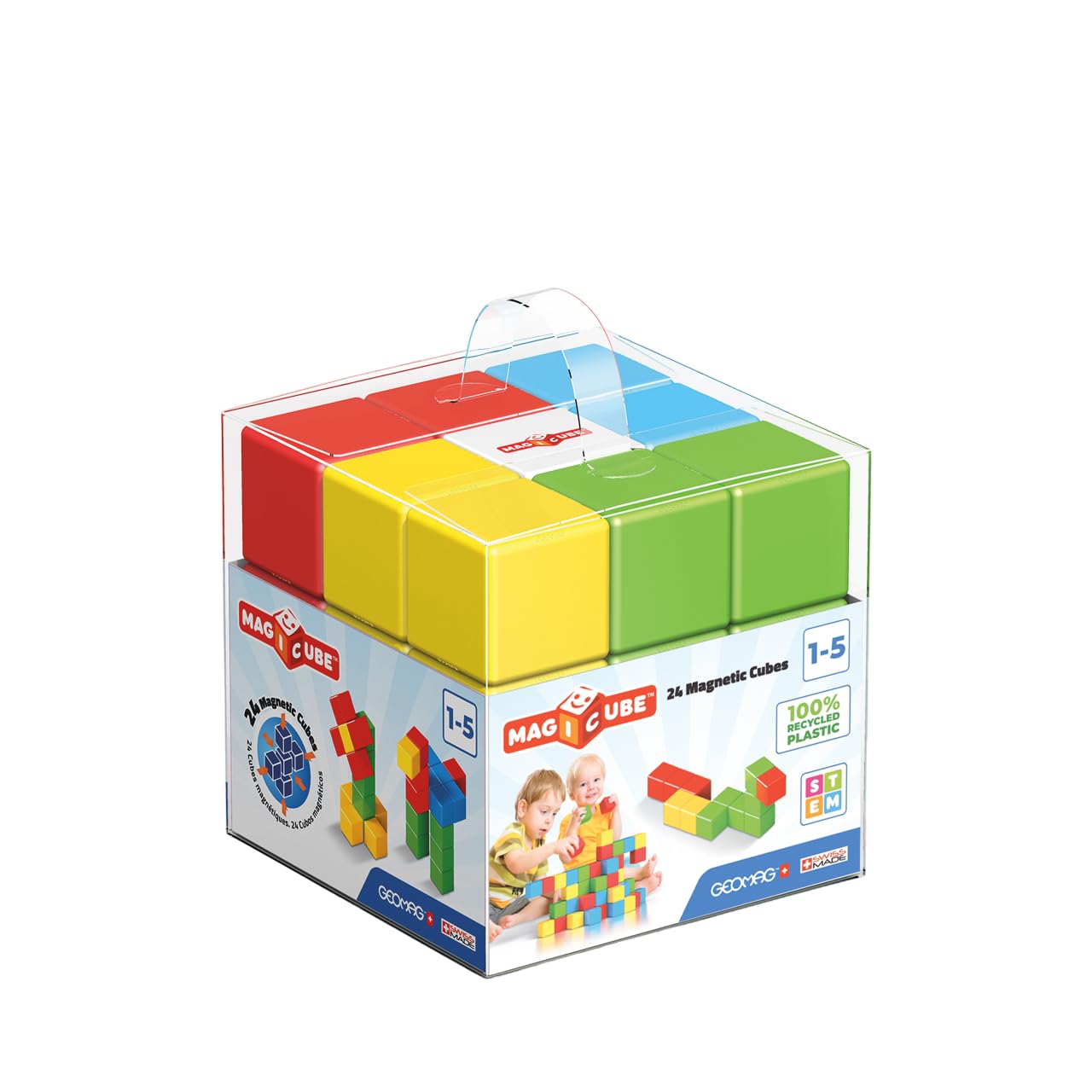 Geomag Magicube - 24 Cubos - Bloques de Construcción Magnética para Niños - Green Line - Juguetes Educativos de Plástico 100% Reciclado