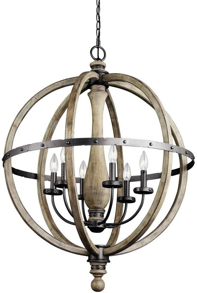 KICHLER Evan 37.25" 6 Light Chandelier in Distressed Antique Gray Wood with Anvil Iron Detailing