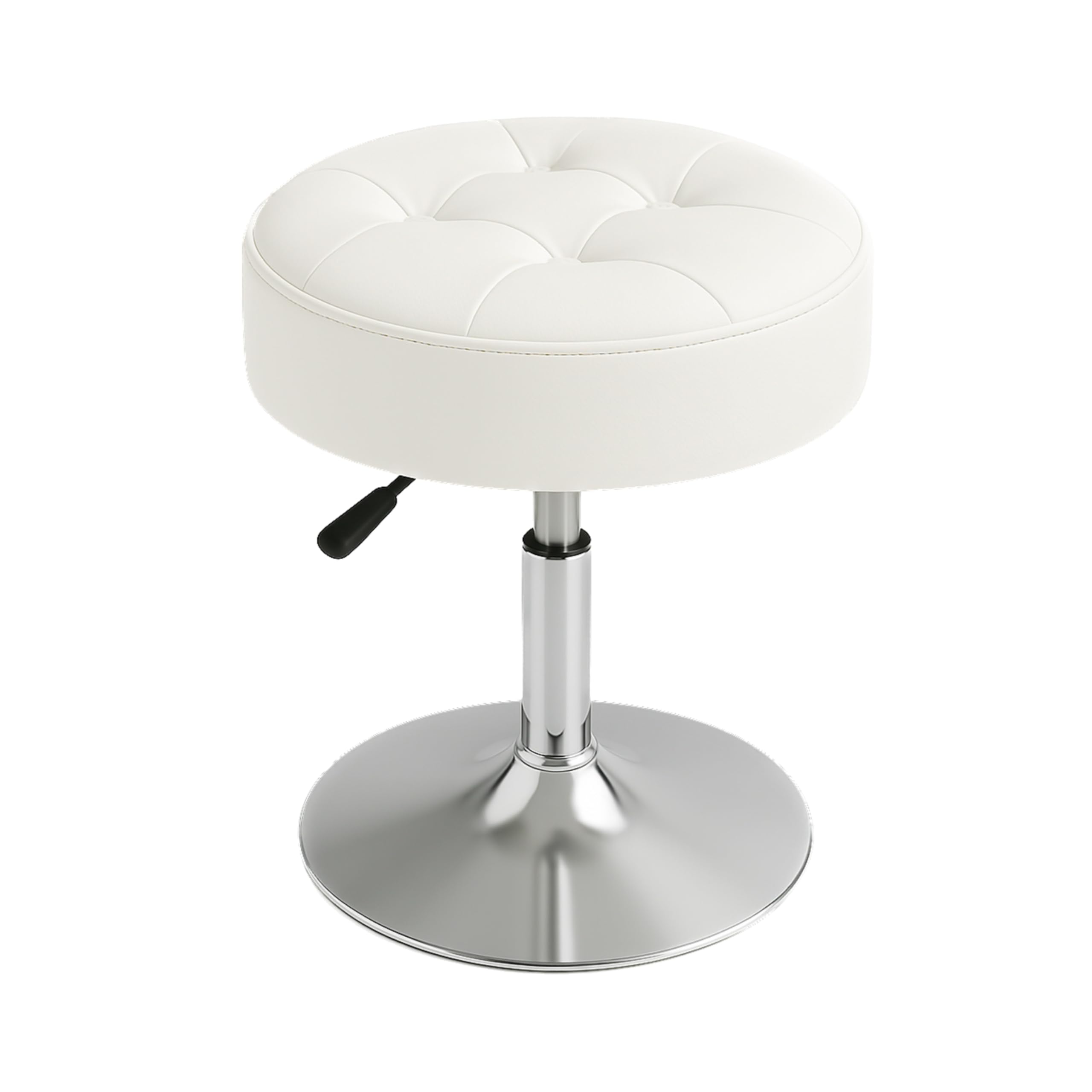 Adjustable Vanity Stool – 360° Swivel Tufted Makeup Chair, Small White PU Leather 13" x 13" 20.8" Stool for Bedroom, Bathroom, or Vanity Table, Chrome Base, Space-Saving Design (White)