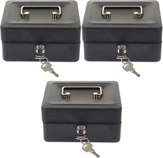 Zerodeko 3 Sets Insurance Thickened Black Container Portable Locking Valuables Loked Security Iron Money Case Cash Household Storage Safe for Credential Cabinet File Lock Xxcm Metal Steel