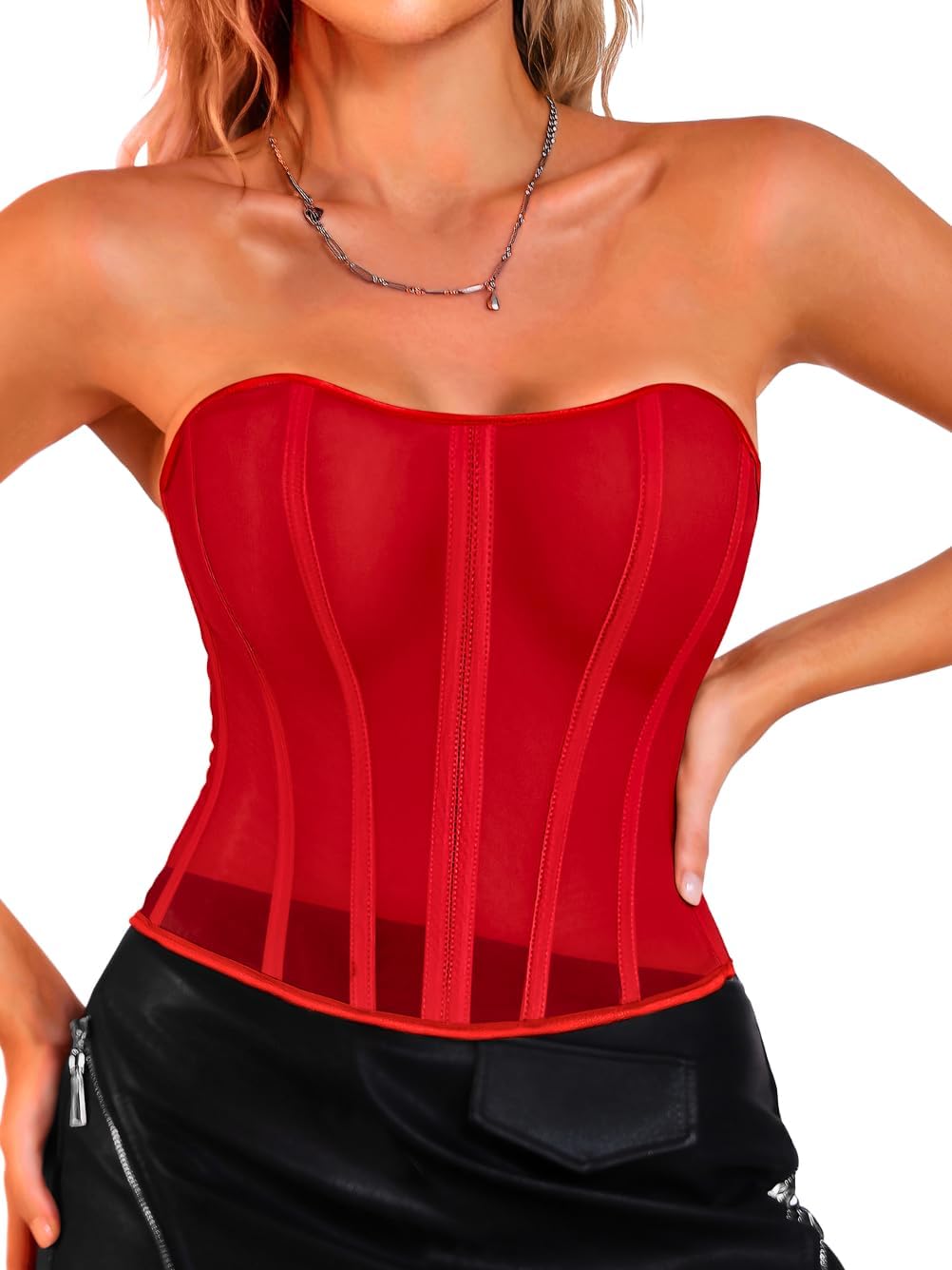 ChiaoLezhee Women's Mesh Corset Tops for XS-5XL, Lace-Up Boned Shapewear, OVER Clothes or UNDER Layers